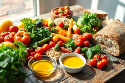 Delicious Mediterranean diet meal displaying vibrant fruits, vegetables, and olive oil on a wooden table.