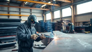 Welder performing structural steel welding in a bright fabrication workshop.