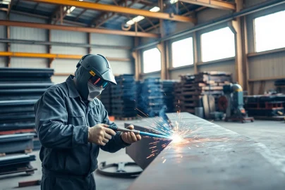 Welder performing structural steel welding in a bright fabrication workshop.