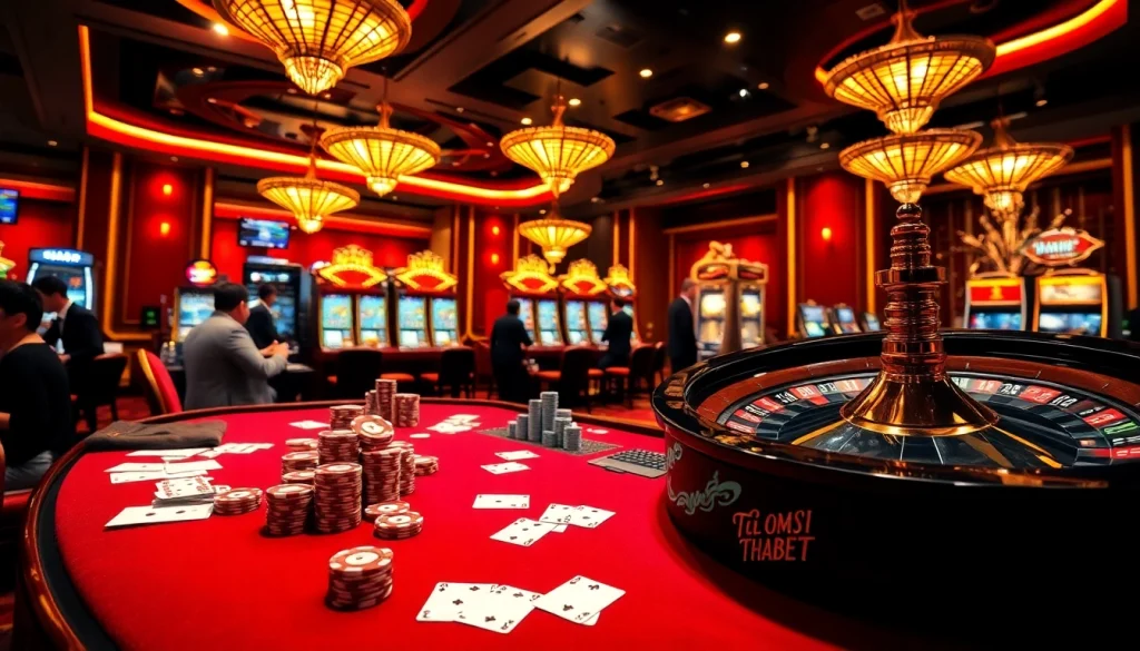 Engaging poker action at Nhà Cái THABET casino, vibrant gaming table with players and colorful chips.