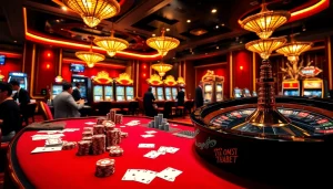 Engaging poker action at Nhà Cái THABET casino, vibrant gaming table with players and colorful chips.