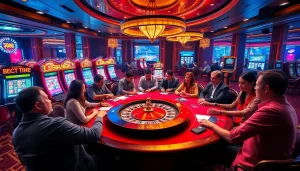 A vibrant casino scene highlighting players engaged in poker and slot machines featuring agen toto slot.