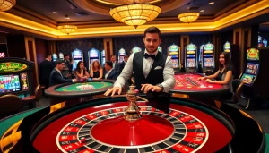 Bàn roulette W88 trong không gian casino sang trọng với những đồng chip màu sắc và người chia bài chuyên nghiệp.