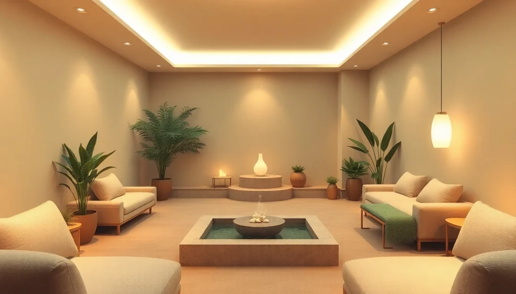 Relaxation space showcasing win55 benefits with calming colors and plants.