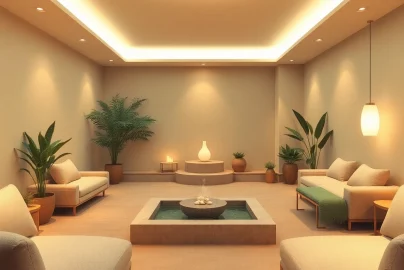 Relaxation space showcasing win55 benefits with calming colors and plants.