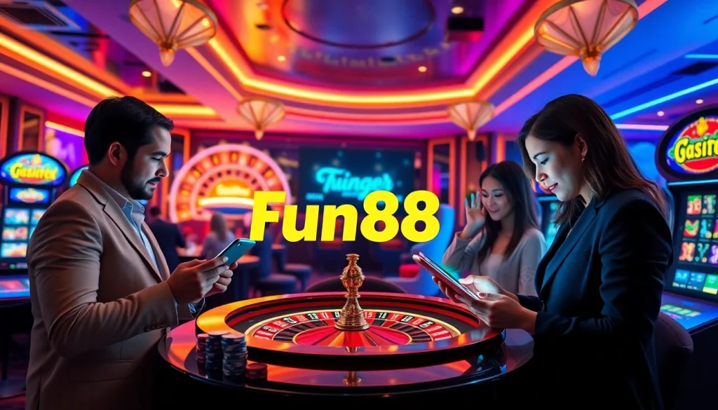 Engaging with the Fun88 link at an exciting online casino, featuring vibrant poker chips and a roulette wheel.