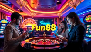 Engaging with the Fun88 link at an exciting online casino, featuring vibrant poker chips and a roulette wheel.