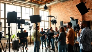 Capture a dynamic scene of Video Production Company Phoenix teamwork in a vibrant studio setting.