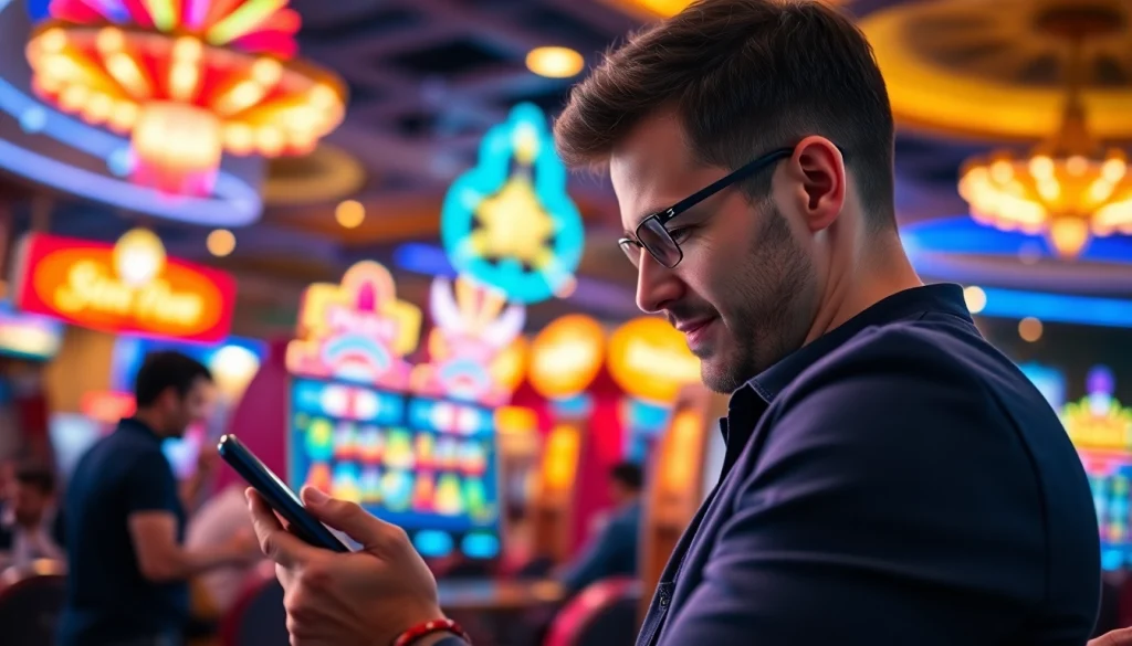 Rasakan keseruan bermain slot deposit 1k dengan seorang pria di kasino yang ramai.