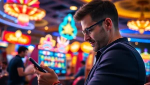 Rasakan keseruan bermain slot deposit 1k dengan seorang pria di kasino yang ramai.