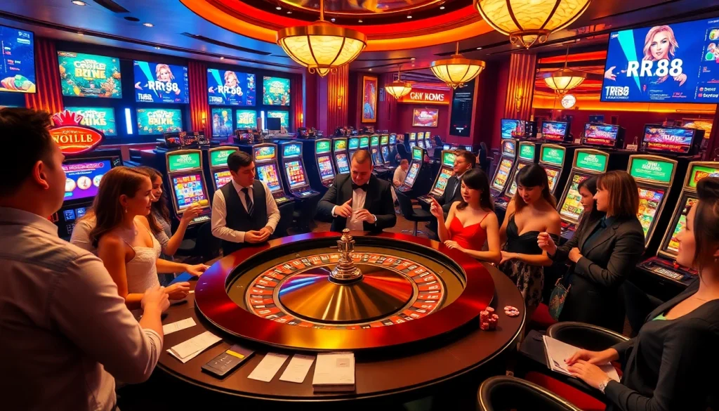 Experience the thrill of an online casino with the rr88 link, highlighted by vibrant slot machines and an exciting roulette table.