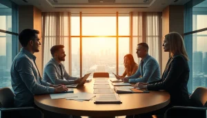 Crisis management consultant leading a strategic meeting in a modern office setting.