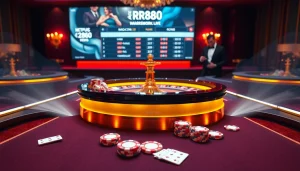 Experience thrilling gameplay at https://rr88.wales/ with vibrant casino visuals of poker chips and a roulette table.