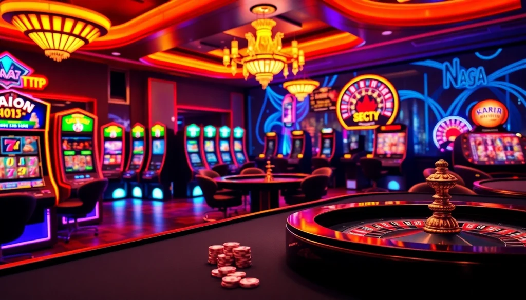 Engaging online gambling experience highlighting link alternatif Naga169 terbaru with vibrant slot machines and poker tables.