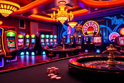 Engaging online gambling experience highlighting link alternatif Naga169 terbaru with vibrant slot machines and poker tables.