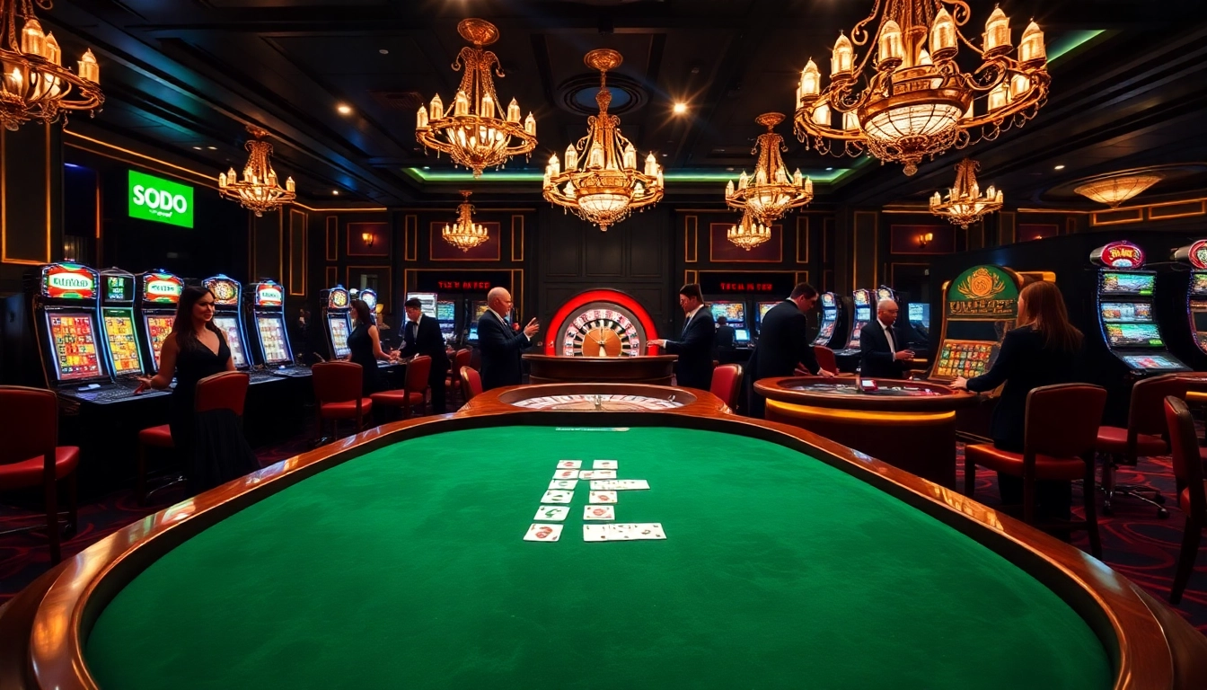 SODO casino scene showcasing poker excitement with players at the table and vibrant slot machines.