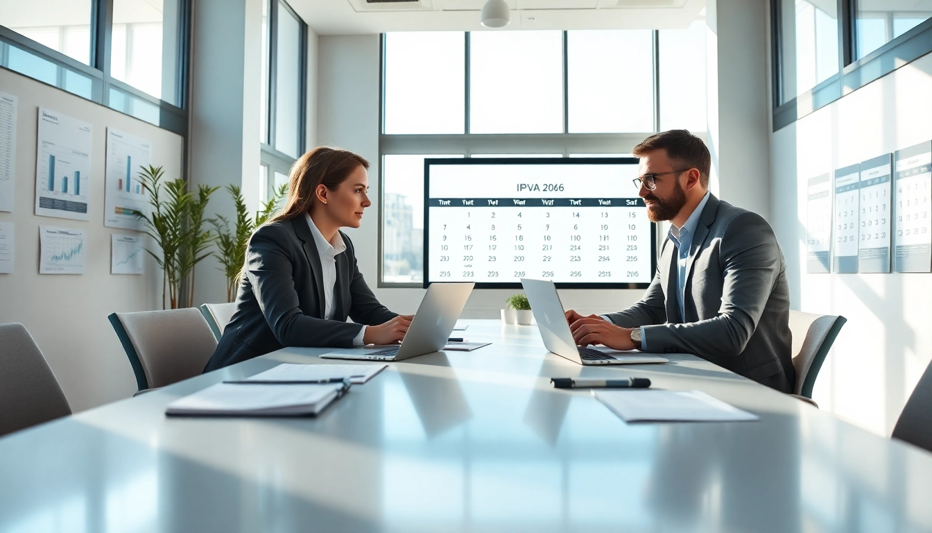 Financial advisor explaining the IPVA GO 2026 calendar to a client in a modern office