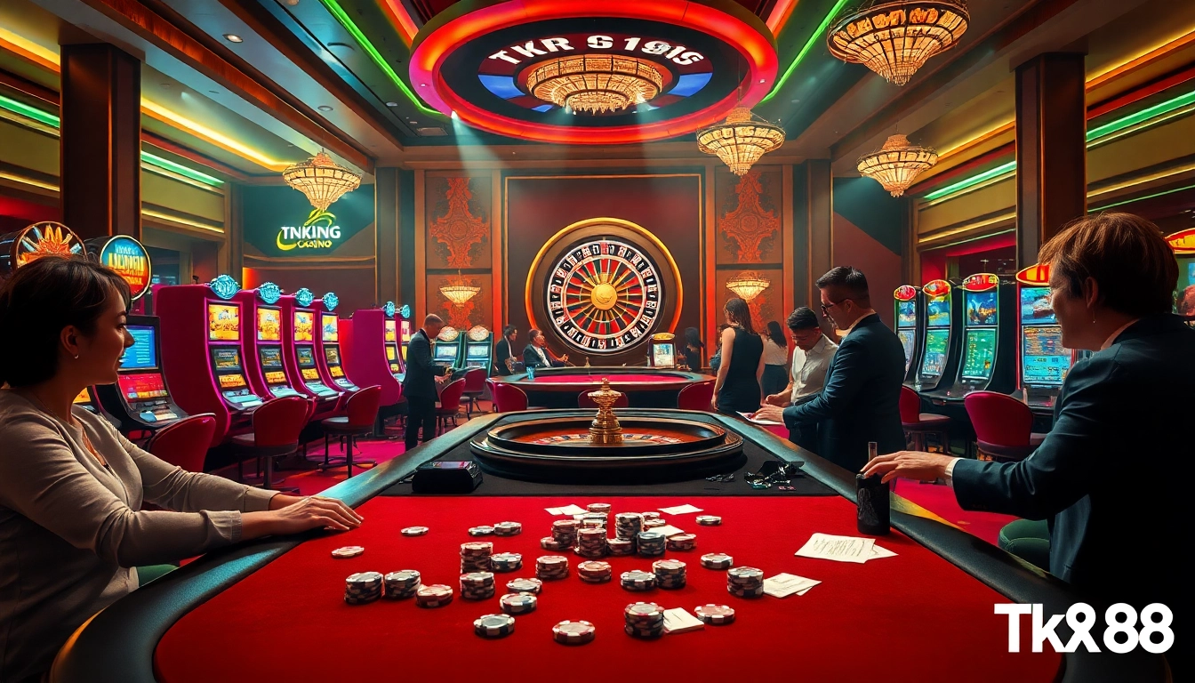Players enjoying a high-stakes game at the Tk88 casino, featuring poker tables and colorful slot machines.