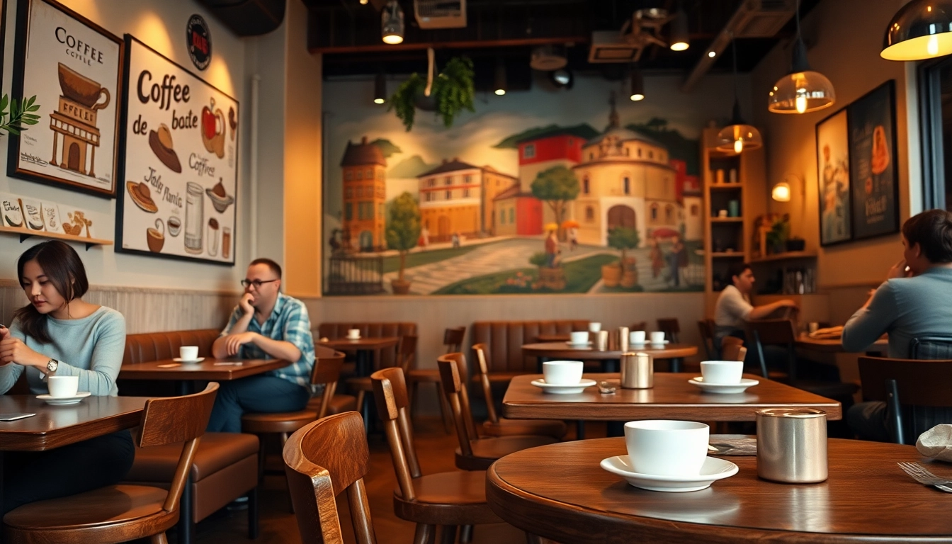 Enjoying coffee at an Association coffee shop Madrid with inviting ambiance and vibrant decor.