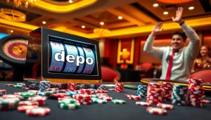 Menang di slot depo 1000 dengan suasana kasino yang hidup dan perayaan yang penuh kegembiraan.