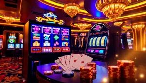 Engage with slot depo pulsa at a luxurious casino, showcasing vibrant slot machines and betting excitement.