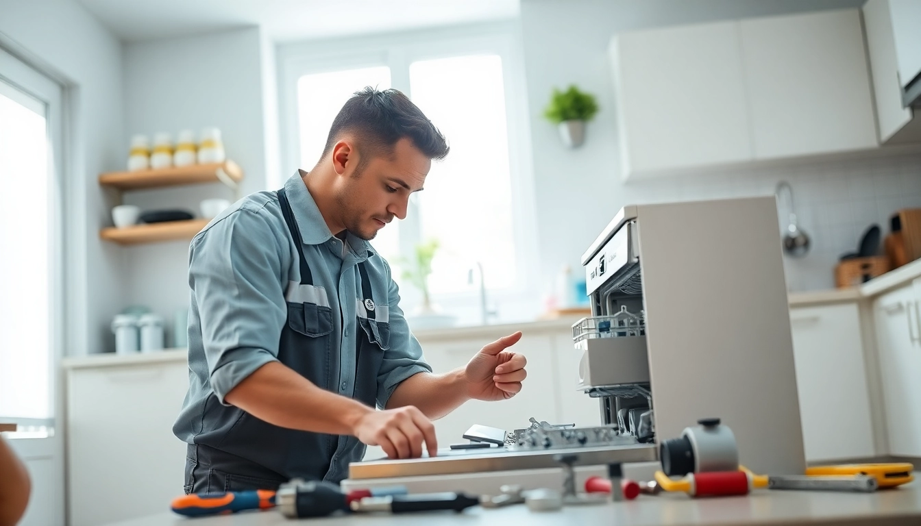 Expert Bosch dishwasher repair showing a technician inspecting a modern appliance.