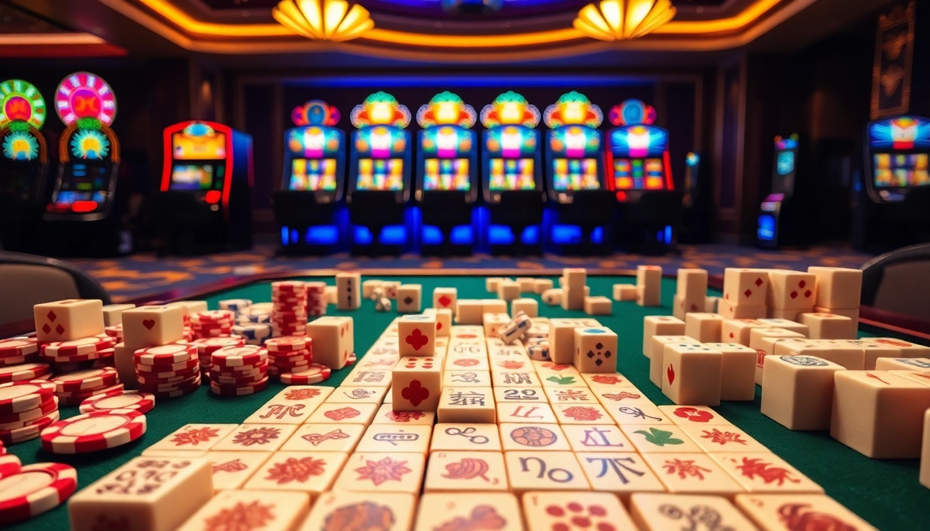 Mainkan link mahjong di tengah dekor kasino mewah, menampilkan ubin berwarna-warni dan pemain yang terlibat.