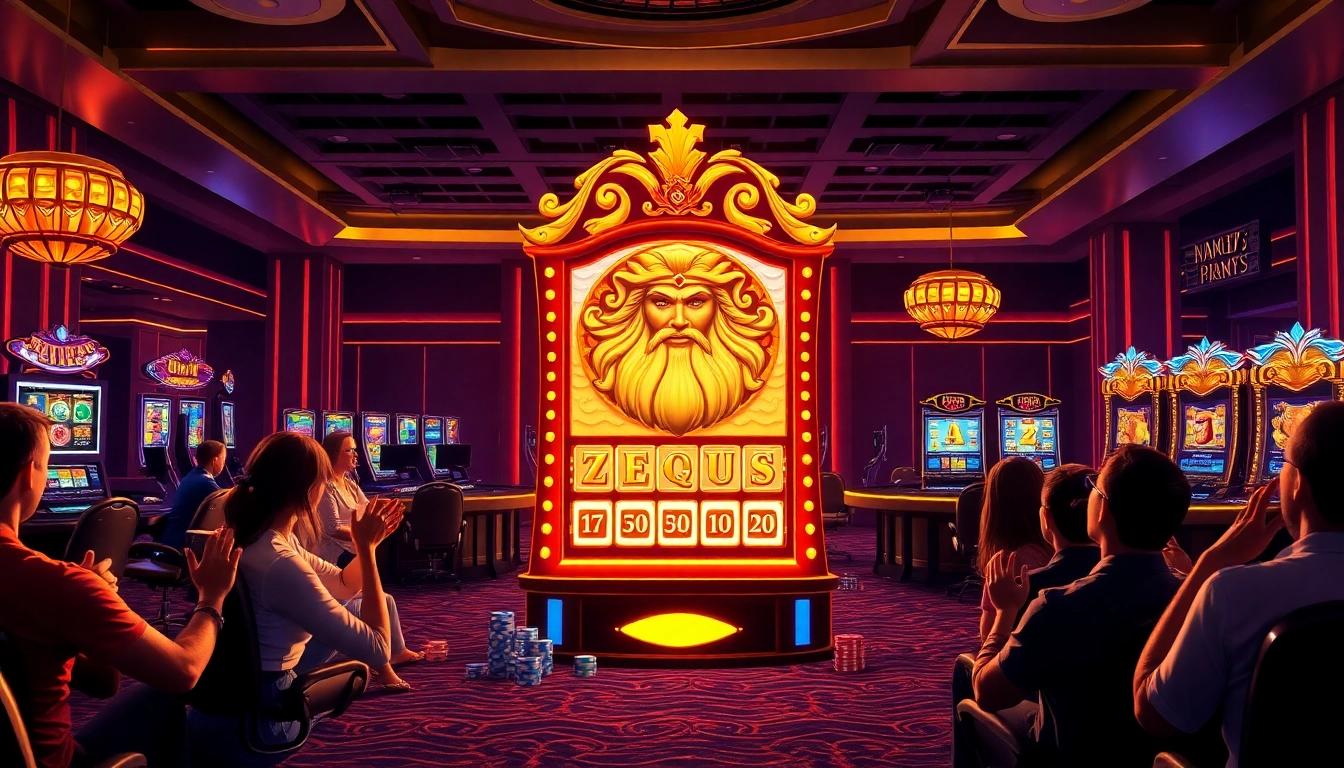 Experience the thrill of the zeus slot machine in a glamorous casino setting with eager players.