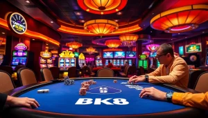 BK8's vibrant casino scene with players at the poker table, chips, and lights.