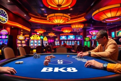 BK8's vibrant casino scene with players at the poker table, chips, and lights.