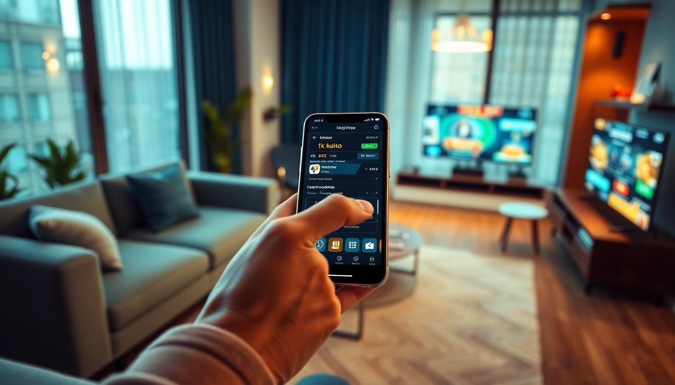 Trải nghiệm cảm giác hồi hộp với KU3933 App cho cá cược trực tuyến trong một phòng khách hiện đại.