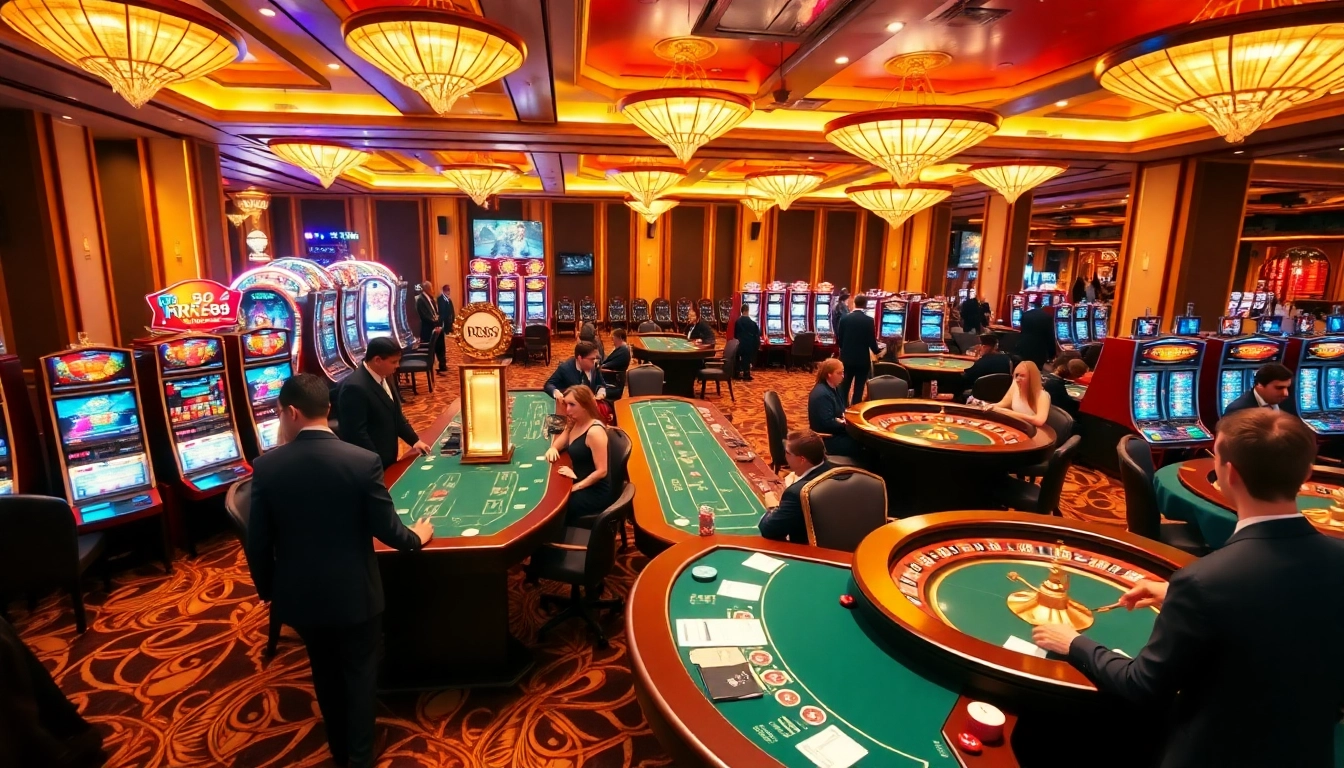 Experience the excitement of RR88 at a stunning casino setup featuring tables, chips, and slot machines.