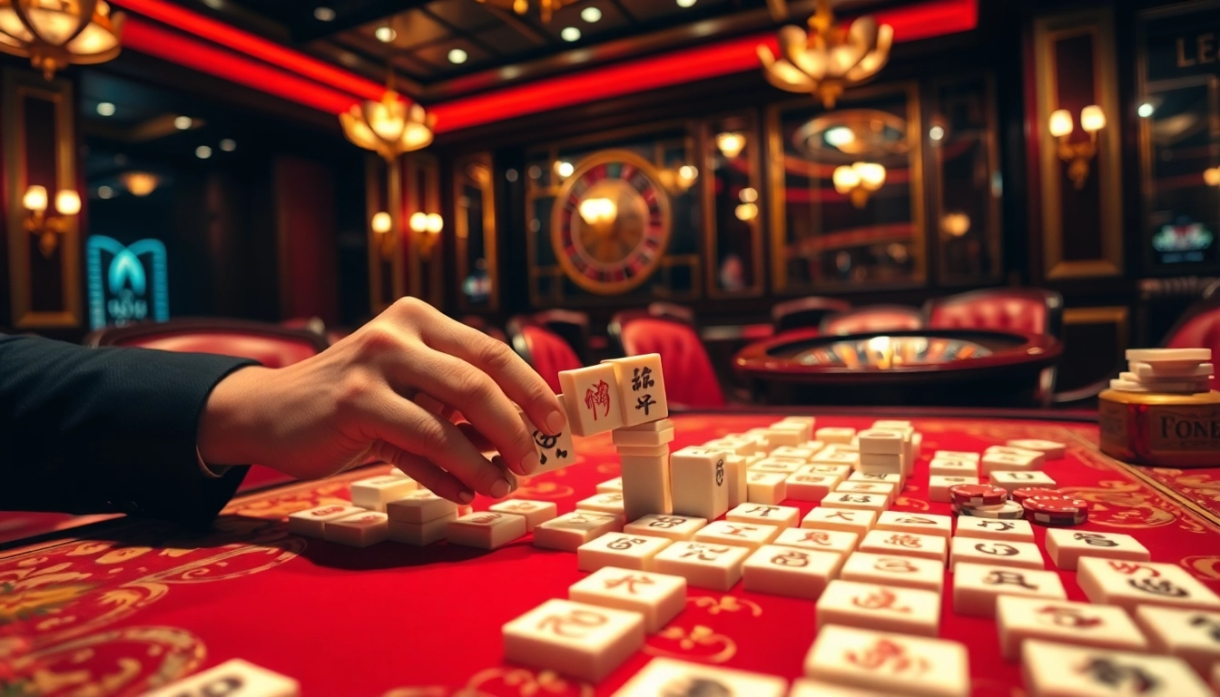 Engaging players in link mahjong strategy at an elegant casino table surrounded by excitement.