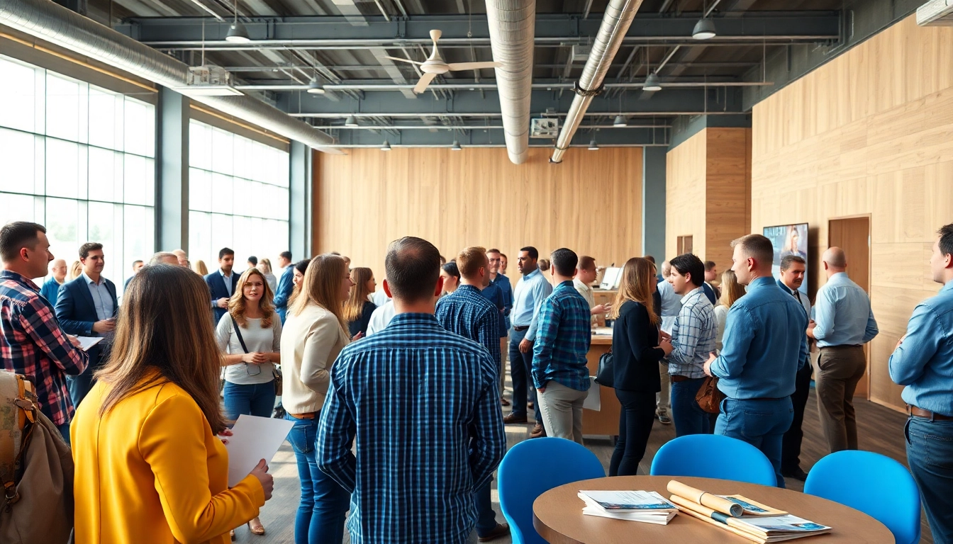 Builders networking at a conference representing the Texas association of builders with vibrant colors and a collaborative spirit.