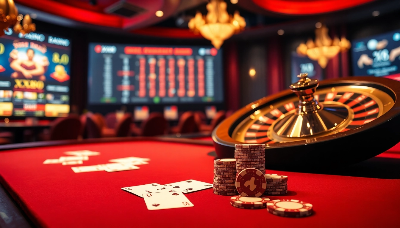 Experience thrilling gameplay at XX88 with vibrant casino visuals, poker tables, and roulette wheels.