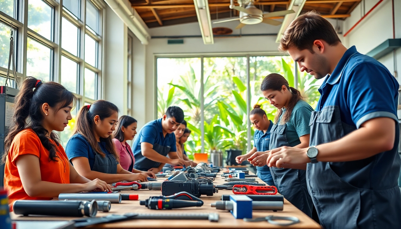Students actively participating in hands-on learning at hawaii trade schools, showcasing teamwork and modern tools.