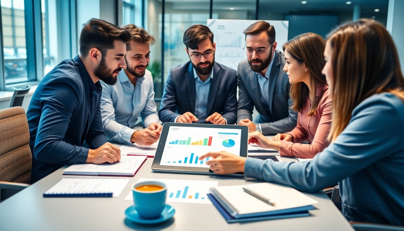 Engaging entrepreneurs discussing business growth insights with charts in a modern office.