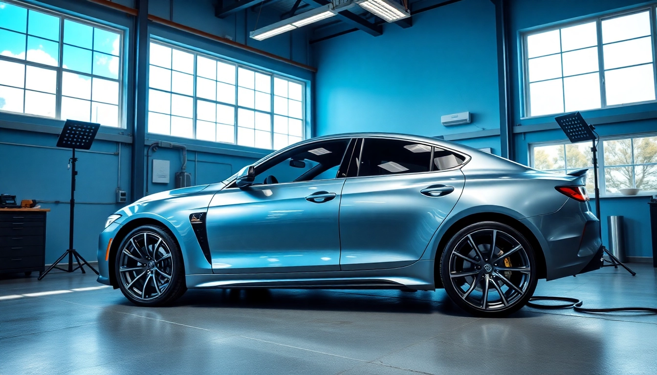 Apply paint protection film near me on a car in a bright, modern automotive workshop.