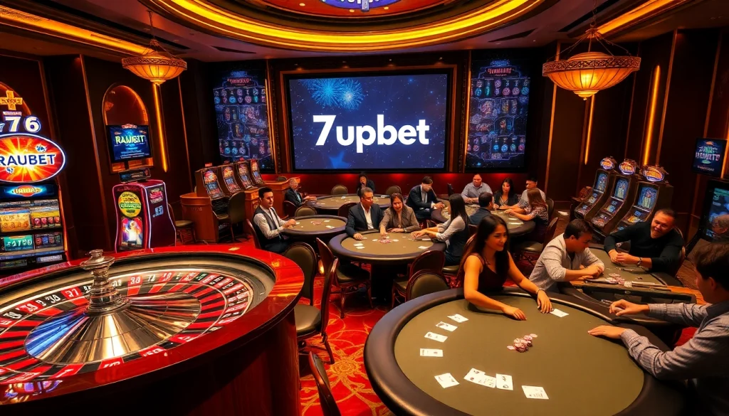 Exciting casino scene showcasing 7upbet with roulette wheel, players, and poker chips.