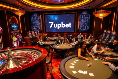 Exciting casino scene showcasing 7upbet with roulette wheel, players, and poker chips.