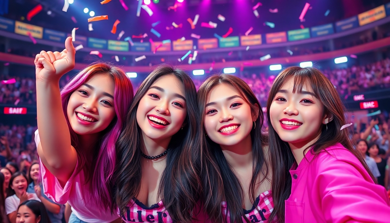 BLACKPINK members Jisoo, Jennie, Rosé, and Lisa performing energetically in vibrant concert setting.