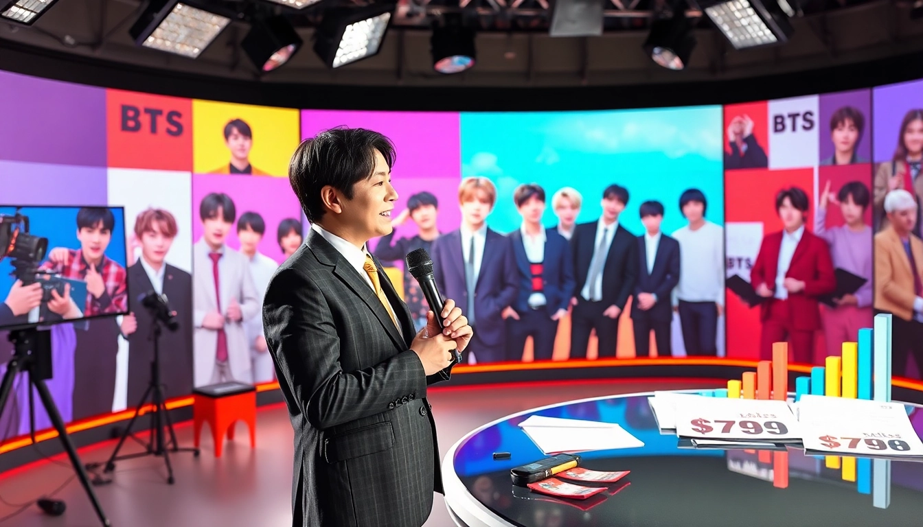 BTS news reporter actively covering the latest updates in a vibrant studio environment.