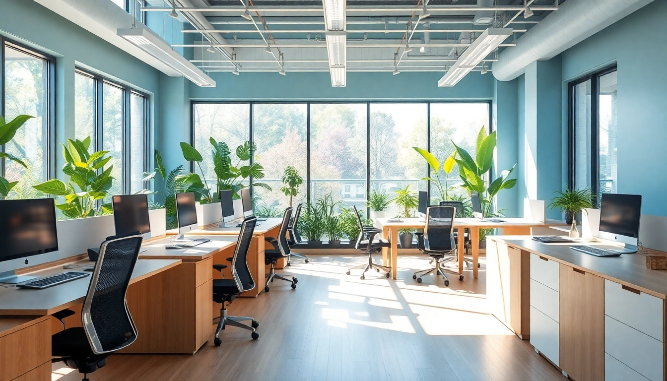 Engaging scene of a typing center with modern workspace, emphasizing comfort and productivity.