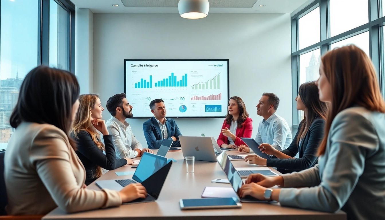Analyzing competitive intelligence in a collaborative business meeting with data visuals.