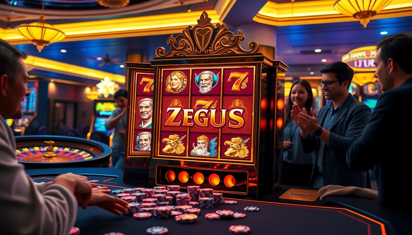 Pemain yang antusias menikmati mesin slot Zeus dalam suasana kasino yang meriah dengan elemen mewah.