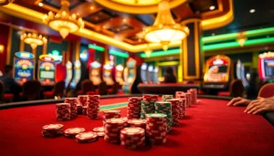 Engage in strategic gaming at MM88's luxurious poker table surrounded by vibrant casino elements.