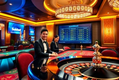 Engage with sbobet while enjoying a vibrant online gambling experience at a luxurious casino table.