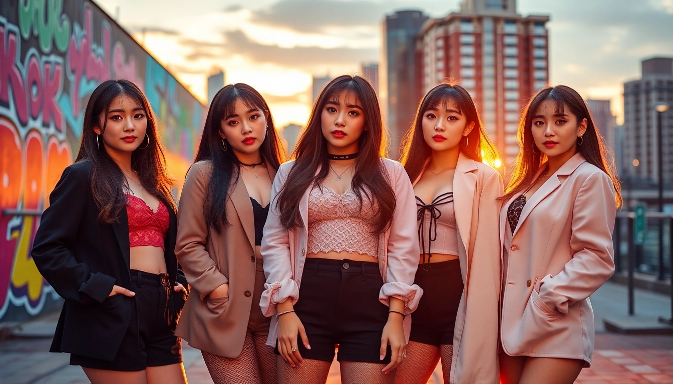 Dynamic shot of blackpink members showcasing their unique styles against an urban backdrop.