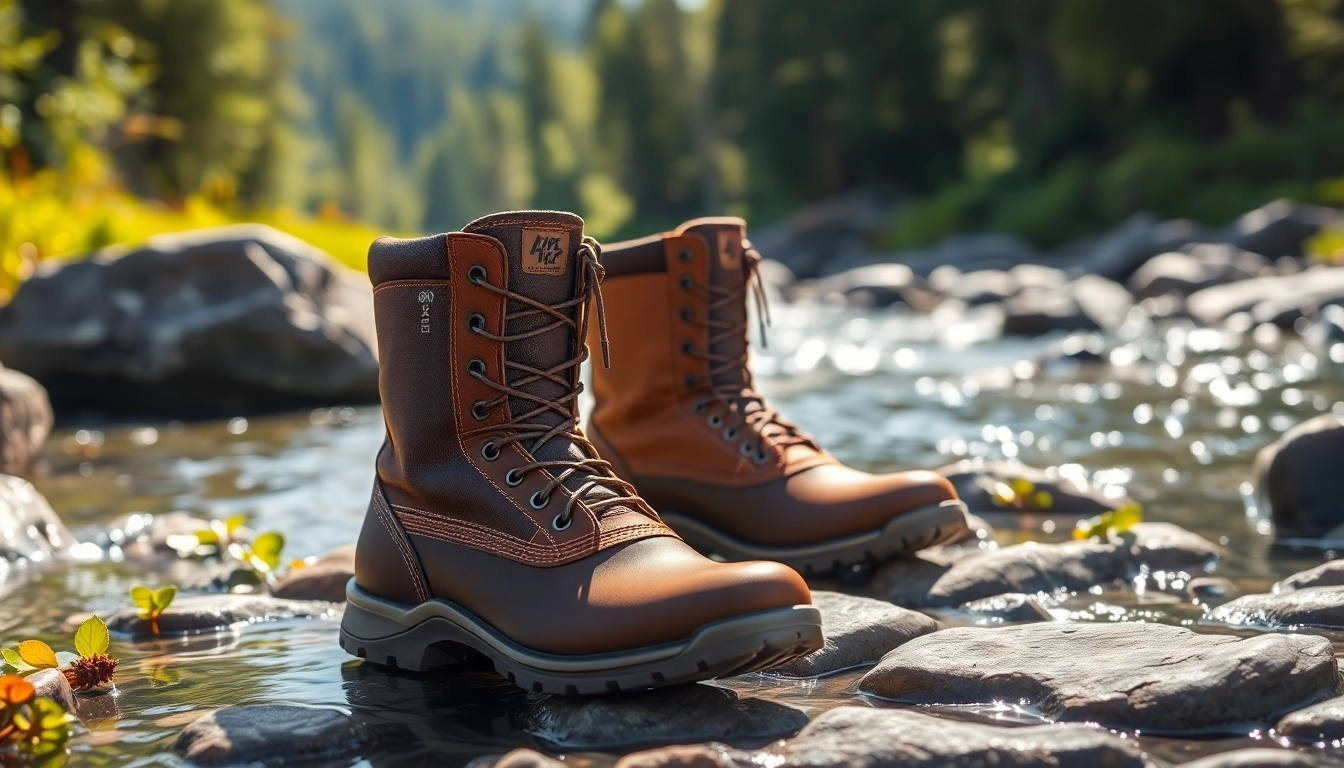 Showcase fly fishing boots with detailed features in a natural river environment.
