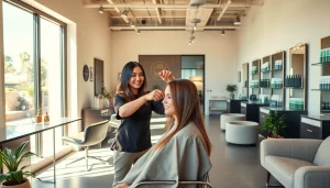 Best hair salon San Diego showcasing a stylist giving a haircut with highlights in a welcoming, modern salon.